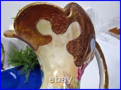 Royal Kinran Nippon cabbage rose mums vase Pitcher Urn thick gold