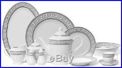 Royalty Porcelain 57-pc Dinner Set, Greek Key Pattern, Bone China (Silver)