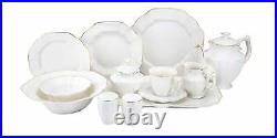 Royalty Porcelain 57 pc Dinnerware Set White with Gold Rim, Bone China Porcelain