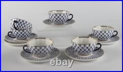Royalty Porcelain Bone China Cobalt Net With Gold 12 pc Tea Cup & Saucer Set