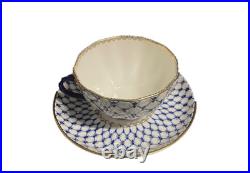 Royalty Porcelain Bone China Cobalt Net With Gold 12 pc Tea Cup & Saucer Set