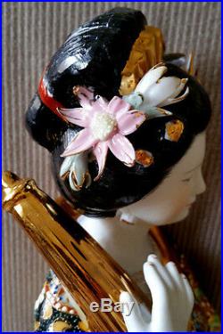 SATSUMA Style Geisha Porcelain Figurine Statue Sculpture Gold Umbrella Figure