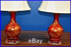 SMALL PAIR OF 23 CHINESE PORCELAIN VASE LAMPS-ASIAN-ORIENTAL-RED WithGOLD PEONY