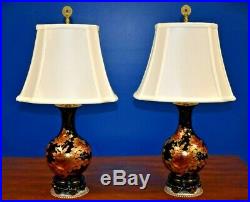 SMALL PAIR OF 24 CHINESE PORCELAIN VASE LAMPS-ASIAN-ORIENTAL-BLK WithGOLD PEONY
