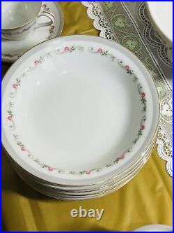 SONE CHINA Set #1831 Japan 74 pieces Pink Roses, Green Leaves, Gold, Gray Motif