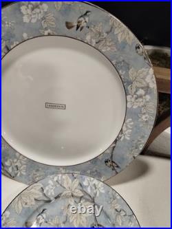 Sanderson 4 LUXURY PORCELAIN DINNER PLATES blue gold rim Asian Bird 11.25 NEW