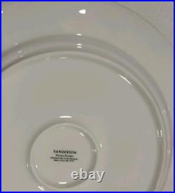 Sanderson 4 LUXURY PORCELAIN DINNER PLATES blue gold rim Asian Bird 11.25 NEW