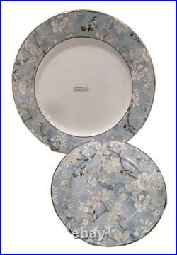 Sanderson 4 LUXURY PORCELAIN DINNER PLATES blue gold rim Asian Bird 11.25 NEW