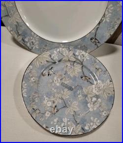 Sanderson 4 LUXURY PORCELAIN DINNER PLATES blue gold rim Asian Bird 11.25 NEW