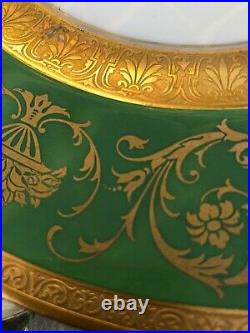 Set 12 Gorgeous Porcelain Hand-painted Green & Gold Dinner Plates K&A Krautheim