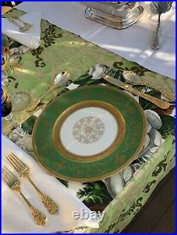 Set 12 Gorgeous Porcelain Hand-painted Green & Gold Dinner Plates K&A Krautheim