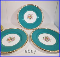 Set 3 Antique Minton Dinner Plates Hand Painted Signed B. Smith Teal Floral Gold