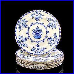 Set 6 Antique Royal Doulton Porcelain Blue White Gold Rim Salad Plates Delft
