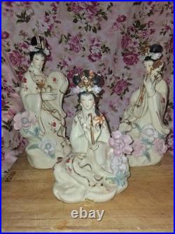 Set Of 3 Vintage Chinese Porcelain Lady Figurine Goddess Gilded Details, 9