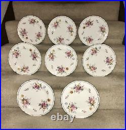 Set Of 8 Vintage ROYAL CROWN DERBY England Bone China Floral Dinner Plates