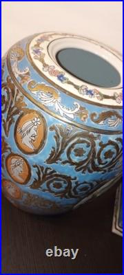 Set RARE GREEK Style CHINESE Mark Antique Porcelain Vase Pastel Blue Gilt Gold