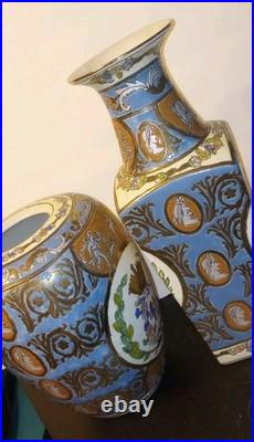 Set RARE GREEK Style CHINESE Mark Antique Porcelain Vase Pastel Blue Gilt Gold