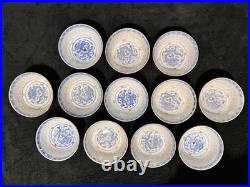 Set of 12 Bowls Wanyu Rice Grain Gold/Blue Dragon Chinese Porcelain 4.5
