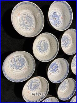 Set of 12 Bowls Wanyu Rice Grain Gold/Blue Dragon Chinese Porcelain 4.5