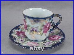 Set of 6 Nippon Hand Painted Pink Roses Cobalt & Gold Demitasse Cups & Saucers Set of 6 Nippon Hand Painted Pink Roses Cobalt & Gold Demitasse Cups & Saucers