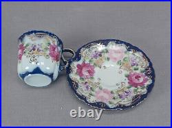 Set of 6 Nippon Hand Painted Pink Roses Cobalt & Gold Demitasse Cups & Saucers Set of 6 Nippon Hand Painted Pink Roses Cobalt & Gold Demitasse Cups & Saucers