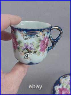 Set of 6 Nippon Hand Painted Pink Roses Cobalt & Gold Demitasse Cups & Saucers Set of 6 Nippon Hand Painted Pink Roses Cobalt & Gold Demitasse Cups & Saucers