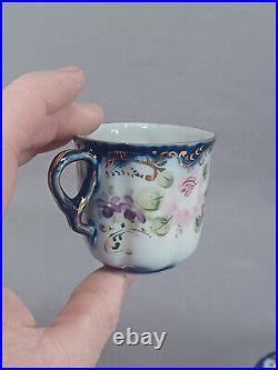 Set of 6 Nippon Hand Painted Pink Roses Cobalt & Gold Demitasse Cups & Saucers Set of 6 Nippon Hand Painted Pink Roses Cobalt & Gold Demitasse Cups & Saucers