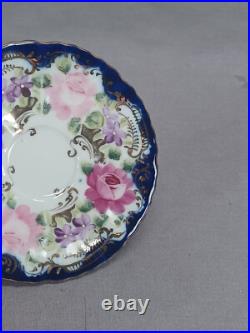 Set of 6 Nippon Hand Painted Pink Roses Cobalt & Gold Demitasse Cups & Saucers Set of 6 Nippon Hand Painted Pink Roses Cobalt & Gold Demitasse Cups & Saucers
