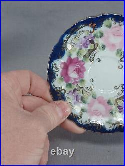 Set of 6 Nippon Hand Painted Pink Roses Cobalt & Gold Demitasse Cups & Saucers Set of 6 Nippon Hand Painted Pink Roses Cobalt & Gold Demitasse Cups & Saucers