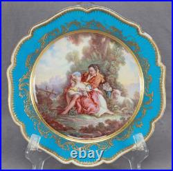 Sevres Style Hand Painted Watteau Scene Celeste Blue & Raised Gold Plate B Sevres Style Hand Painted Watteau Scene Celeste Blue & Raised Gold Plate B