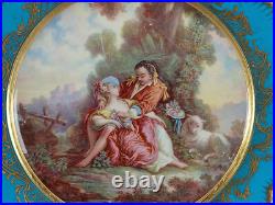 Sevres Style Hand Painted Watteau Scene Celeste Blue & Raised Gold Plate B Sevres Style Hand Painted Watteau Scene Celeste Blue & Raised Gold Plate B