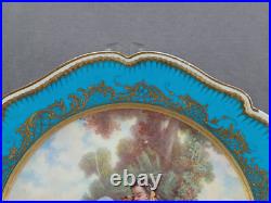 Sevres Style Hand Painted Watteau Scene Celeste Blue & Raised Gold Plate B Sevres Style Hand Painted Watteau Scene Celeste Blue & Raised Gold Plate B