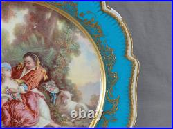 Sevres Style Hand Painted Watteau Scene Celeste Blue & Raised Gold Plate B Sevres Style Hand Painted Watteau Scene Celeste Blue & Raised Gold Plate B