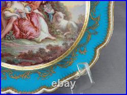 Sevres Style Hand Painted Watteau Scene Celeste Blue & Raised Gold Plate B Sevres Style Hand Painted Watteau Scene Celeste Blue & Raised Gold Plate B