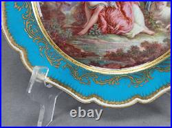 Sevres Style Hand Painted Watteau Scene Celeste Blue & Raised Gold Plate B Sevres Style Hand Painted Watteau Scene Celeste Blue & Raised Gold Plate B