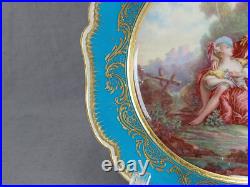 Sevres Style Hand Painted Watteau Scene Celeste Blue & Raised Gold Plate B Sevres Style Hand Painted Watteau Scene Celeste Blue & Raised Gold Plate B