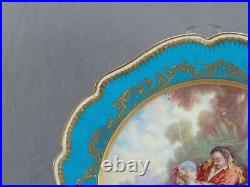 Sevres Style Hand Painted Watteau Scene Celeste Blue & Raised Gold Plate B Sevres Style Hand Painted Watteau Scene Celeste Blue & Raised Gold Plate B