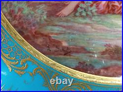 Sevres Style Hand Painted Watteau Scene Celeste Blue & Raised Gold Plate B Sevres Style Hand Painted Watteau Scene Celeste Blue & Raised Gold Plate B