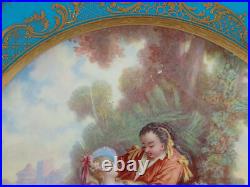 Sevres Style Hand Painted Watteau Scene Celeste Blue & Raised Gold Plate B Sevres Style Hand Painted Watteau Scene Celeste Blue & Raised Gold Plate B