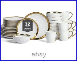 Stone Lain Modern Poreclain 32 Piece Dinnerware Set, White And Gold Rim