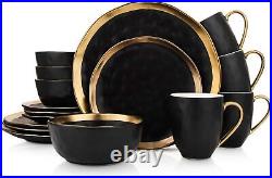 Stone Lain Porcelain 16 Piece Dinnerware Set Service for 4 Black and Golden Rim