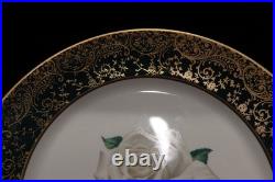Stradford Chantilly Dark Green Gold Filigree White Rose 7 Dinner Plates 10 1/4