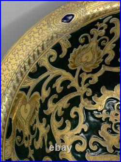 Stunning Green and Gold Tapestry Porcelain Contour Bowl 10d Asian Traditional