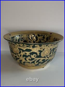 Stunning Green and Gold Tapestry Porcelain Contour Bowl 10d Asian Traditional