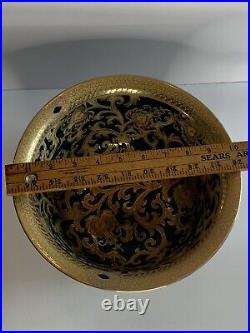 Stunning Green and Gold Tapestry Porcelain Contour Bowl 10d Asian Traditional