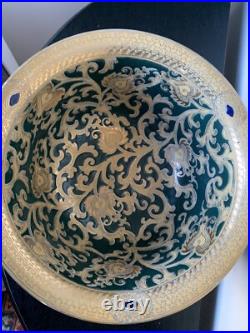 Stunning Green and Gold Tapestry Porcelain Contour Bowl 10d Asian Traditional