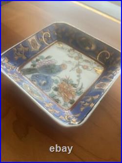 Sweet Antique Chinese Porcelain Dish Bowl Qianlong Mark Gilded Bird 4 1/2 Sq