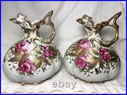 TWO Beautiful Nippon Roses and Gold Beaded 7 Ewers