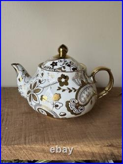Teavana Fine Porcelain China Gold & White Floral Teapot With 4 Cups & Saucers
