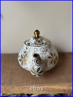 Teavana Fine Porcelain China Gold & White Floral Teapot With 4 Cups & Saucers